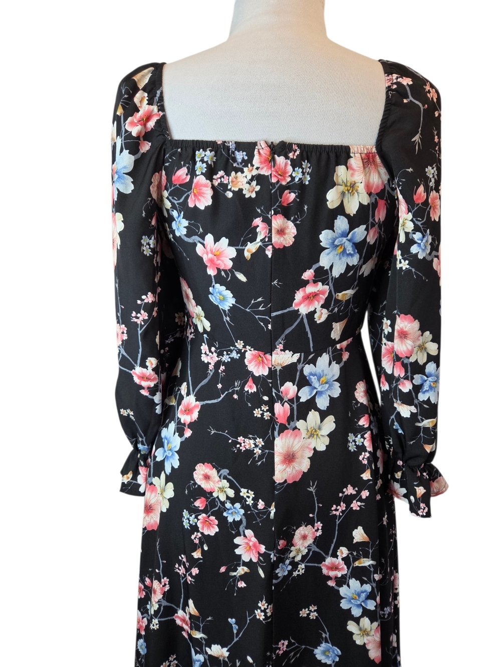 Shein Black Floral Square Neck-Line/Long Sleeve Maxi/Midi Dress Women's Size 6 - Picture 3 of 11